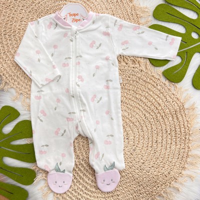 Macacão de Malha com Abertura em Zíper Cerejas Rosas - Off White e Rose